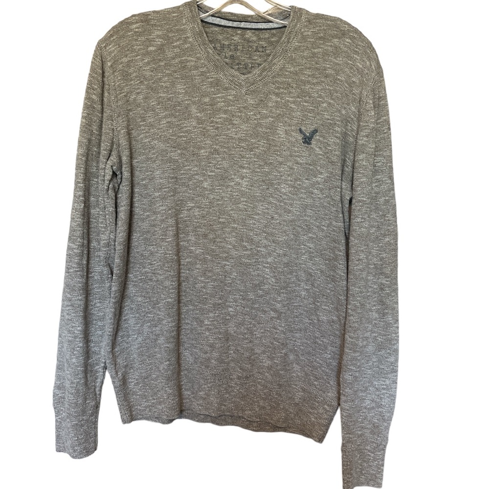 American Eagle Men’s Vneck sweater logo cotton size color heather tan Sm…